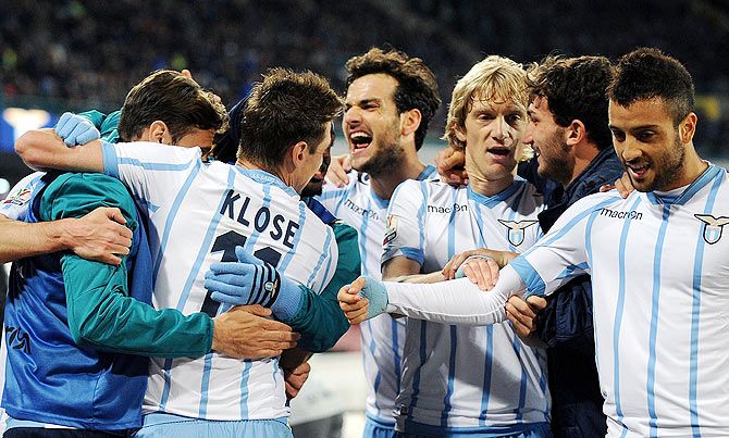 Senad Lulic of Lazio celebrates after scoring the first goal during the Tim cup match between SSC Napoli and SS Lazio