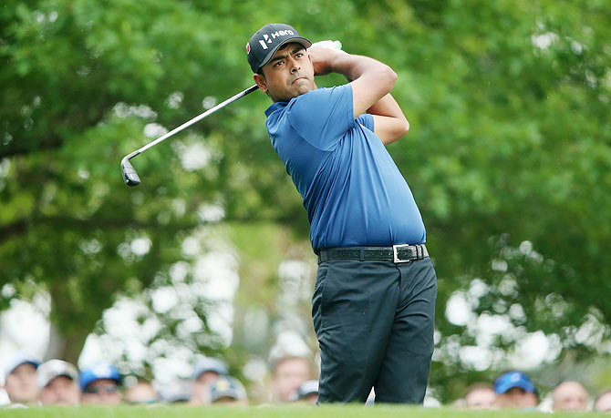 Anirban Lahiri of India hits his tee shot on fourth hole during the third round of the 2015 Masters Tournament at Augusta National Golf Club