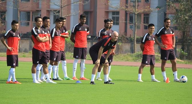 India coach Stephen Constantine with members of the team during training 