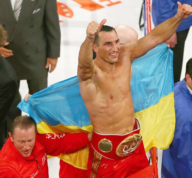 Wladimir Klitschko of the Ukraine celebrates 