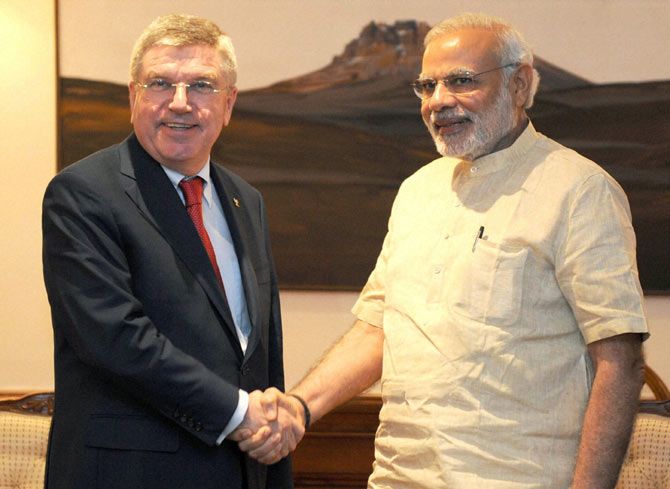 Prime Minister Narendra Modi with International Olympic Committee President Thomas Bach