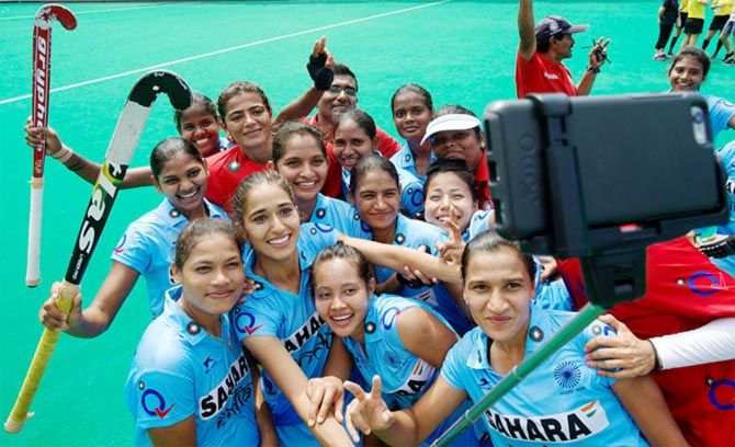 The Indian women's hockey team celebrate qualifying for the Rio Olympics