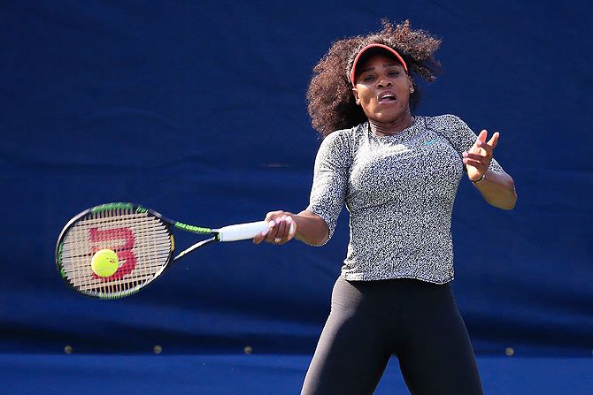 United States' Serena Williams hits a ball during a practice session prior to the US Open at USTA Billie Jean King National Tennis Center in New York City on Sunday