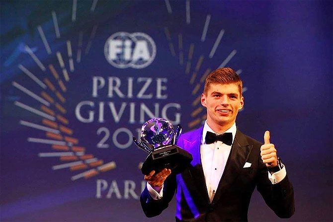 Max Verstappen of Netherlands and Scuderia Toro Rosso poses with his trophy at the FIA Awards function on Friday