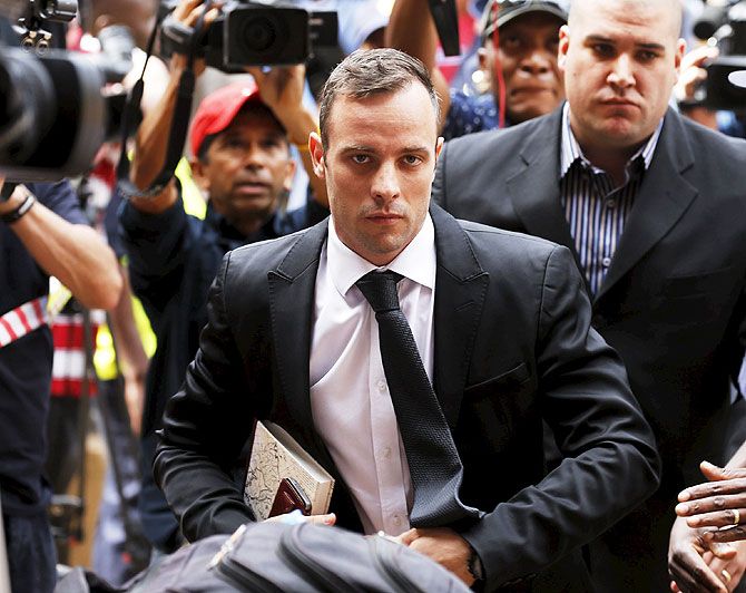Oscar Pistorius arrives at the North Gauteng High Court in Pretoria, South Africa for a bail hearing on Tuesday