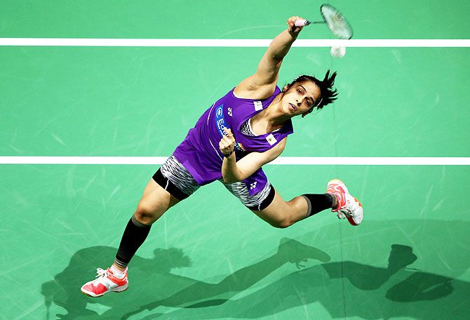 India's Saina Nehwal in action against Chinese's Taipei's Tzu Ying Tai in the Women's Singles match on Day 3 of the BWF Dubai World Superseries 2015 Finals at the Hamdan Sports Complex in Dubai on Friday