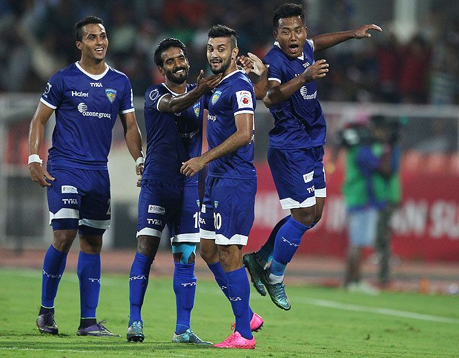 Chennaiyin FC's Bruno Augusto Pelissari de Lima celebrates with teammates after scoring against Atlético de Kolkata during the 2nd Indian Super League 1st Leg semi-final held at the Shree Shiv Chhatrapati Sports Complex Stadium, in Pune on Saturday
