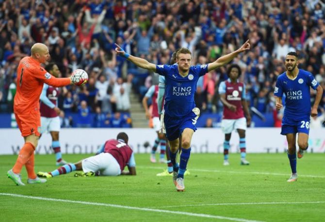 Jamie Vardy of Leicester City celebrates after scoring during the Barclays Premier League match