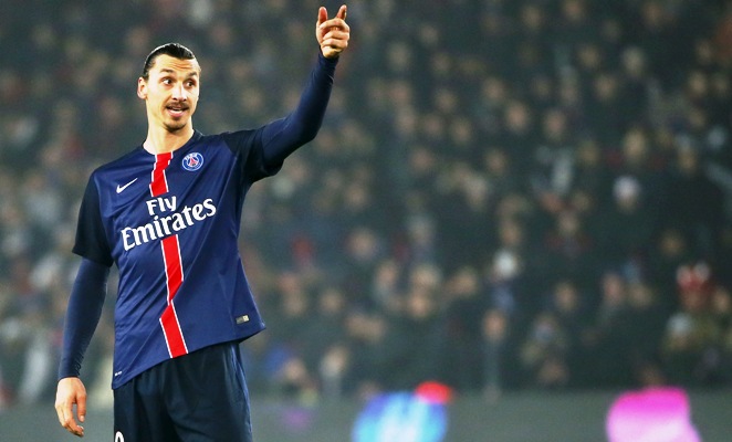 Paris St Germain's Zlatan Ibrahimovic reacts 