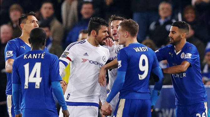 Leicester's Jamie Vardy clashes with Chelsea's Diego Costa 