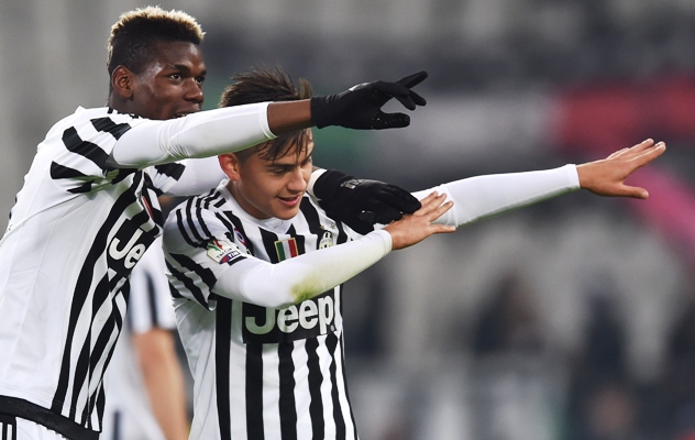 Paul Pogba (left) and Paulo Dybala of FC Juventus celebrate victory over Torino 