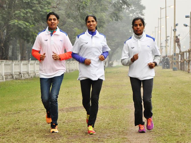 Lalita Babar, Sudha Singh & O P Jaisha the Indian Women Athletes training for the TSK 25K Kolkata 2015