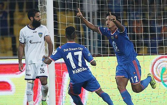 FC Goa's Thongkhosiem Haokip celebrates after scoring the equaliser against Chennaiyin FC