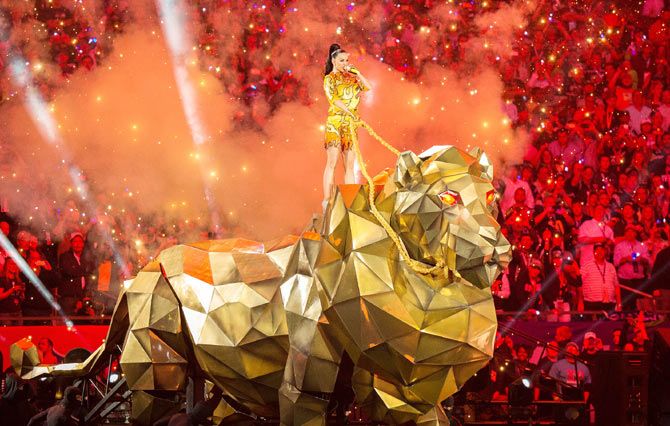 American singer Katy Perry performs onstage during the Super Bowl XLIX Halftime Show on Sunday