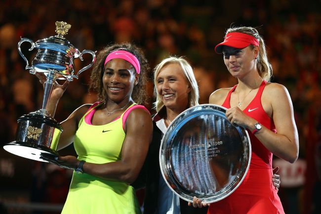 Martina Navratilova poses with Serena Williams of the United States holds the Daphne Akhurst   Memorial Cup and Maria Sharapova of Russia