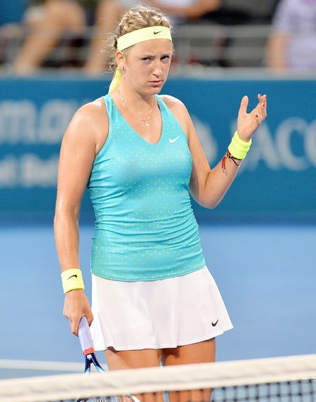 Victoria Azarenka of Belarus shows her frustration after losing a break point against Karolina Pliskova of the Czech Republic on Day 2 of the 2015 Brisbane International at Pat Rafter Arena in Brisbane on Monday