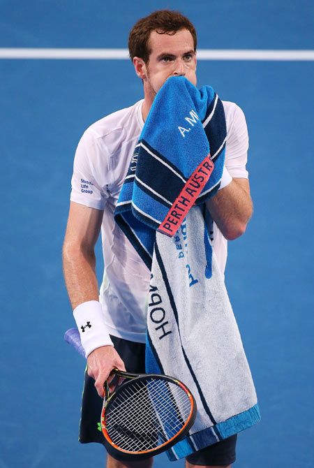 Andy Murray of Great Britain looks on after missing a shot in his singles match against Benoit Paire of France on Day 2 of the 2015 Hopman Cup at Perth Arena on Monday