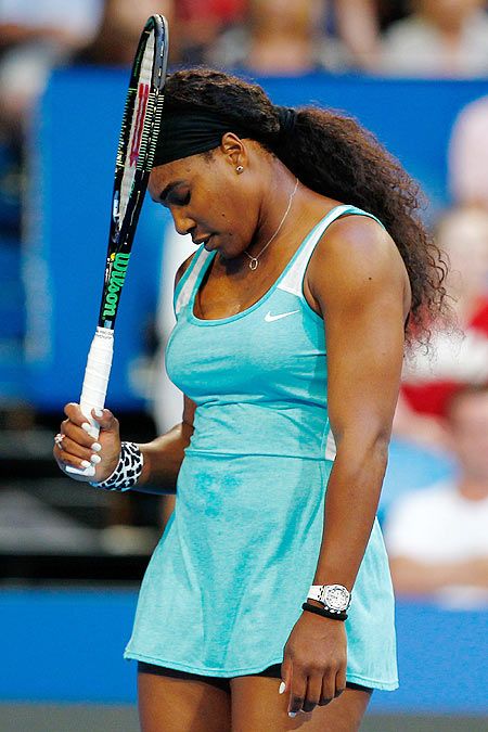 Serena Williams of the United States reacts after dropping a point against Eugenie Bouchard of Canada in the women's singles of the Hopman Cup at Perth Arena on Tuesday