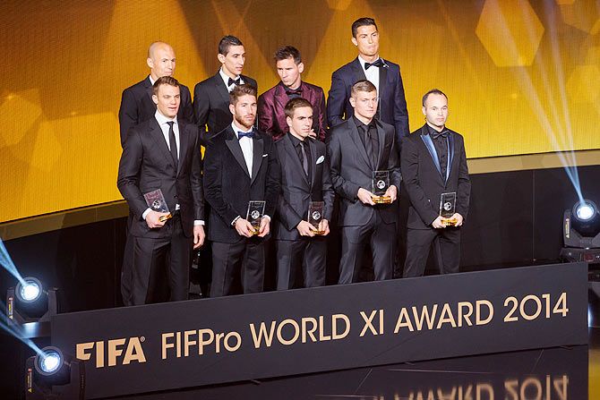 The FIFA FIFPro World XI for 2014 receive their awards during the FIFA Ballon d'Or Gala 2014 at the Kongresshaus on January 12