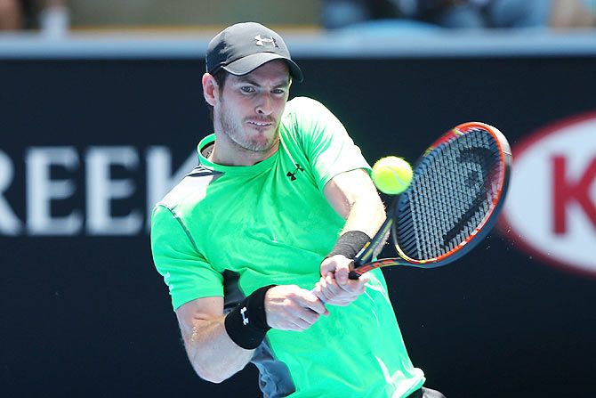 Andy Murray of Great Britain plays a backhand in his second round match against Marinko Matosevic of Australia at the 2015 Australian Open at Melbourne Park on Wednesday