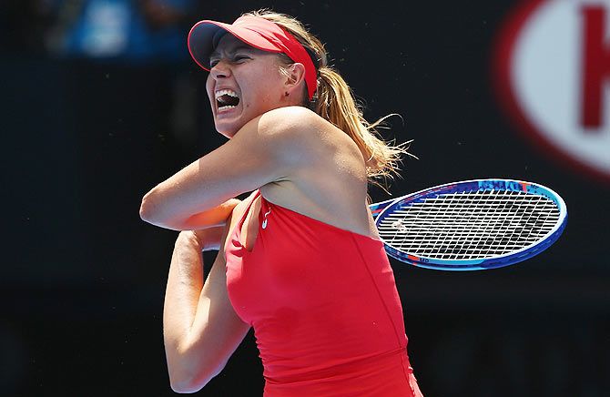 Maria Sharapova of Russia plays a backhand in her second round match against compatriot Alexandra Panova during the 2015 Australian Open at Melbourne Park on Wednesday