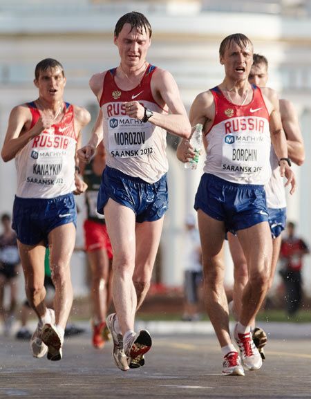 Vladimir Kanaykin, Sergey Morozov, Valery Borchin and Andrey Krivov of Russia in action during the competition of men's 20km IAAF World Race Walking Cup on May 12, 2012 in Saransk, Russia