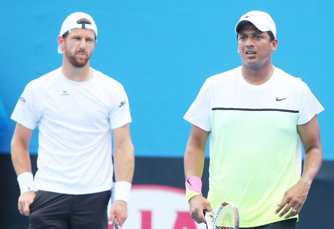 Mahesh Bhupathi of India and Jurgen Melzer of Austria in action in their first round doubles match against Diego Schwartzman of Argentina and Horacio Zeballos of Argentina during the 2015 Australian Open at Melbourne Park on Thursday