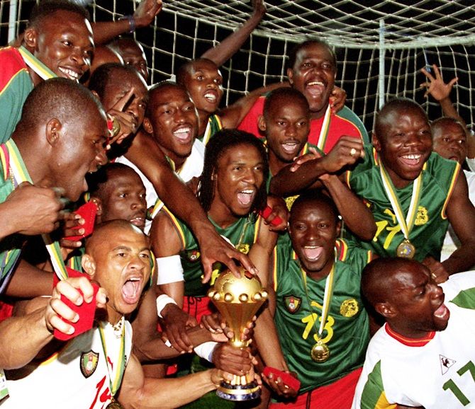 Cameroon players celebrate the African Nations Cup victory