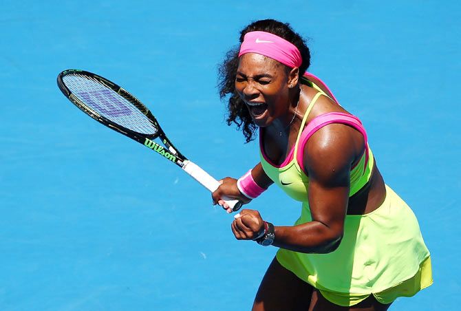 Serena Williams of the United States reacts to a point in her second round match against Vera Zvonareva of Russia during the 2015 Australian Open at Melbourne Park on Thursday