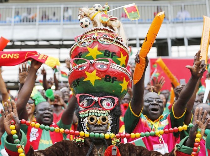Fans of Burkina Faso cheer ahead of the team's match against Equatorial Guinea