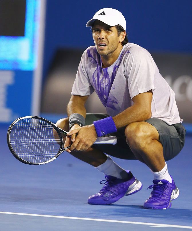 Fernando Verdasco of Spain reacts after losing a point in his third round match against Novak Djokovic of Serbia