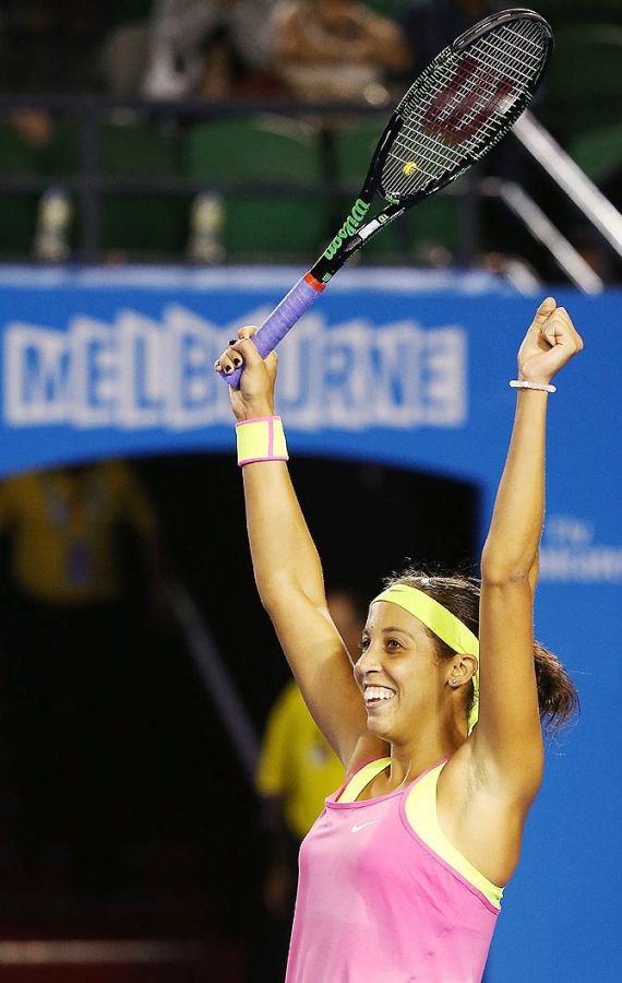 Madison Keys of the USA celebrates wiining in her third round match against Petra Kvitova of the Czech Republic during the 2015 Australian Open at Melbourne Park on Saturday