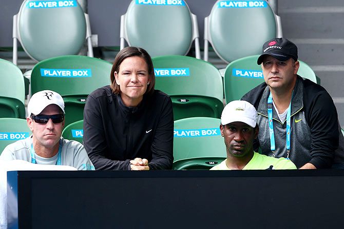 Lindsay Davenport watches the action between Madison Keys and Venus Williams at Melbourne Park on Wednesday