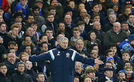 Chelsea's manager Jose Mourinho gestures during their English League Cup semi-final second leg soccer match against Liverpool at Stamford Bridge in London on Wednesday