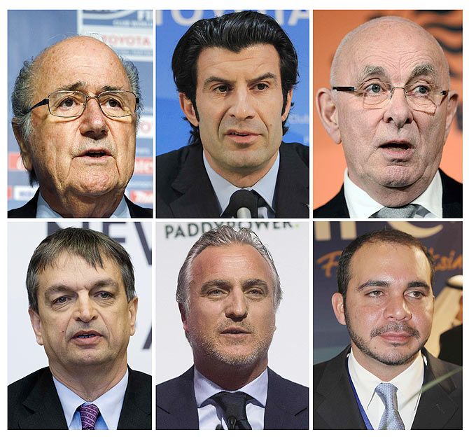 A combination of file pictures shows the candidates running for the FIFA presidency. From L-R: (top row) FIFA President Sepp Blatter, former Portuguese international soccer player Luis Figo, Dutch FA president Michael van Praag, (bottom row) former FIFA official Jerome Champagne of France, former footballer David Ginola from France and Jordan's Prince Ali bin al-Hussein