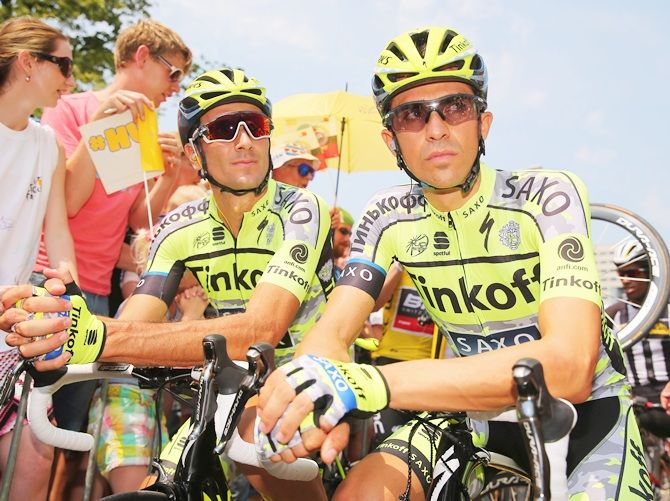 Spain's Alberto Contador,right, and Italy's Ivan Basso
