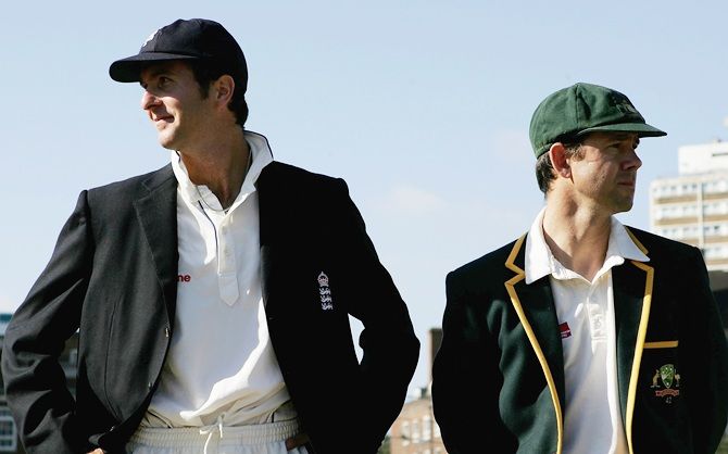 Former England captain Michael Vaughan and Australian captain Ricky Ponting look on 
