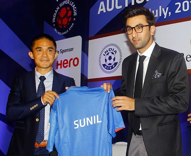Sunil Chhetri, left, with actor and Mumbai City FC owner Ranbir Kapoor