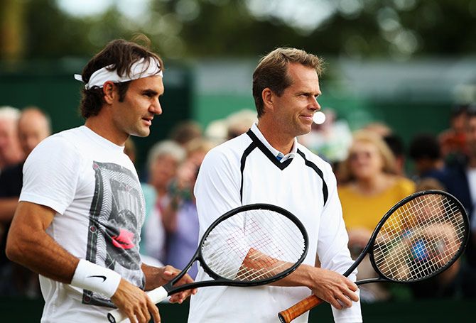 Roger Federer with his coach Stefan Edberg at a practice session at Wimbledon. 2015