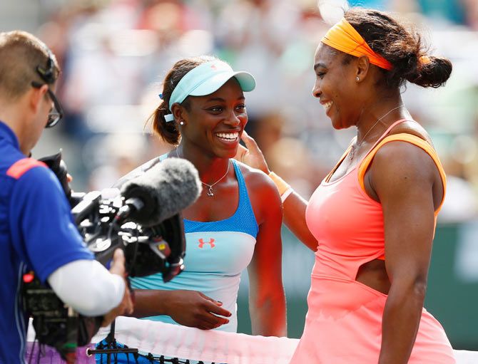 Sloane Stephens congratulates Serena Williams after their match on Tuesday