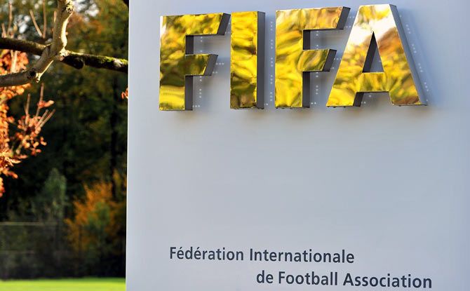 The FIFA logo outside the FIFA headquarters in Zurich