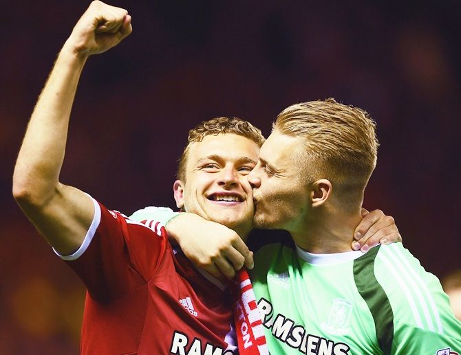 Ben Gibson, left, and Connor Ripley of Middlesbrough celebrate 