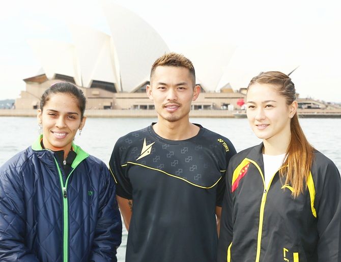 Saina Nehwal of India, Lin Dan of China and Gronya Somerville of Australia