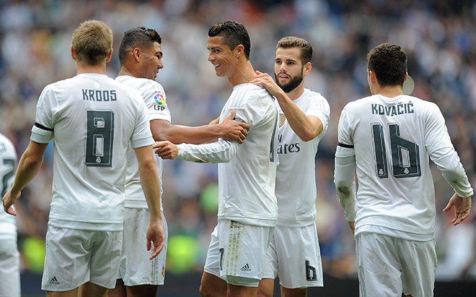 Cristiano Ronaldo of Real Madrid celebrates after scoring 