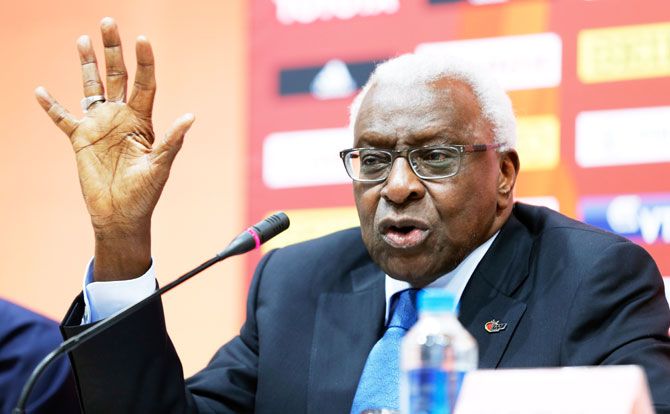 IAAF President Lamine Diack attends the IAAF and Local Organising Committee (LOC) press conference during day nine of the 15th IAAF World Athletics Championships 
