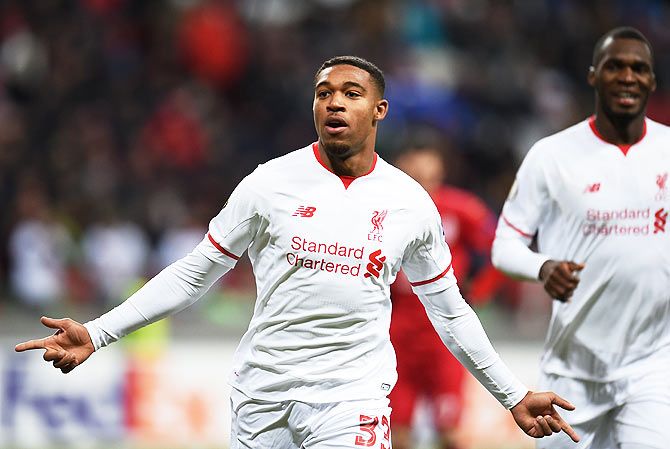 Liverpool FC's Jordon Ibe celebrates after scoring against FC Rubin Kazan during the UEFA Europa League Group B match at the Kazan Arena Stadium in Moscow on Thursday