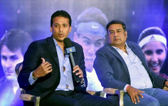 International Premier Tennis League Founder & Managing Director, Mahesh Bhupathi addresses media alongwith Gulshan Jhurani, Co-owner Indian Aces