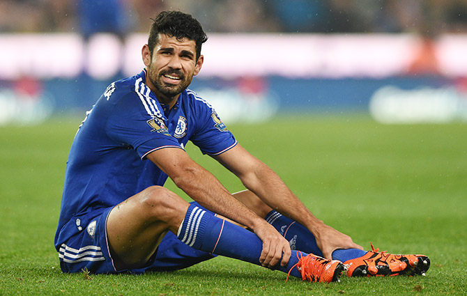 Diego Costa of Chelsea looks on prior to leaving the pitch due to injury 