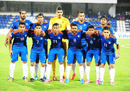 The Indian football team before their FIFA World Cup qualifier against Guam in Bangalore on Thursday 