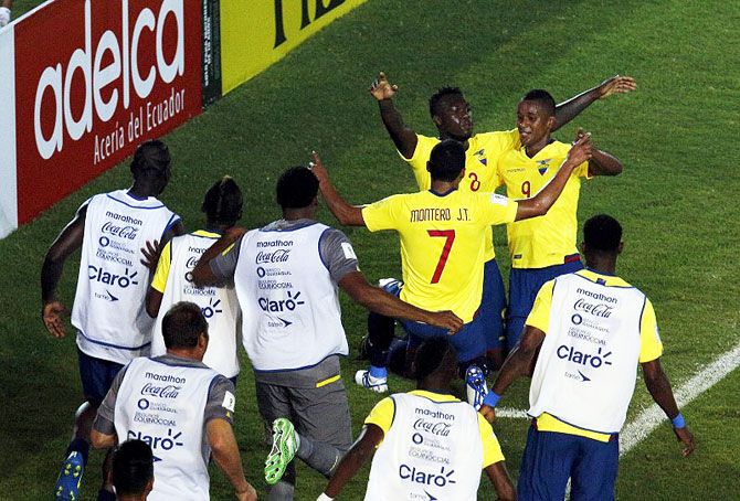 Ecuador's players celebrate their team's third goal against Venezuela's during their 2018 World Cup qualifying match at the Cachamay stadium in Puerto Ordaz, Venezuela on Tuesday